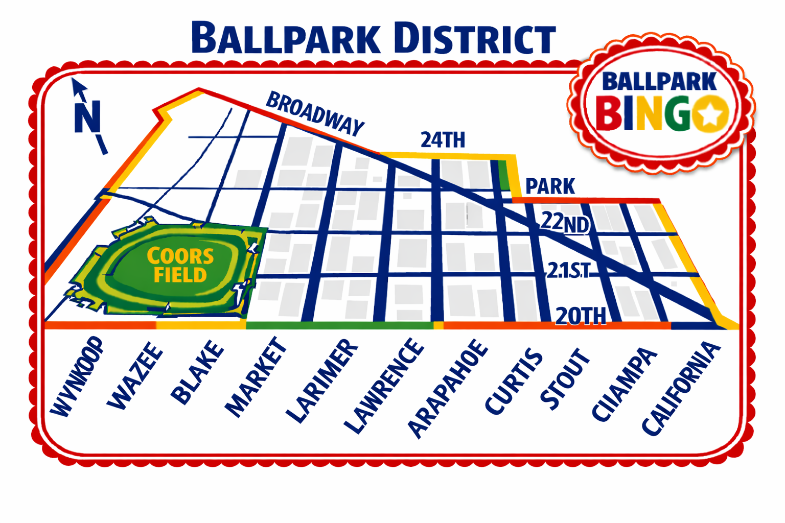 Map of the Ballpark District showing Coors Field, Broadway, and nearby streets