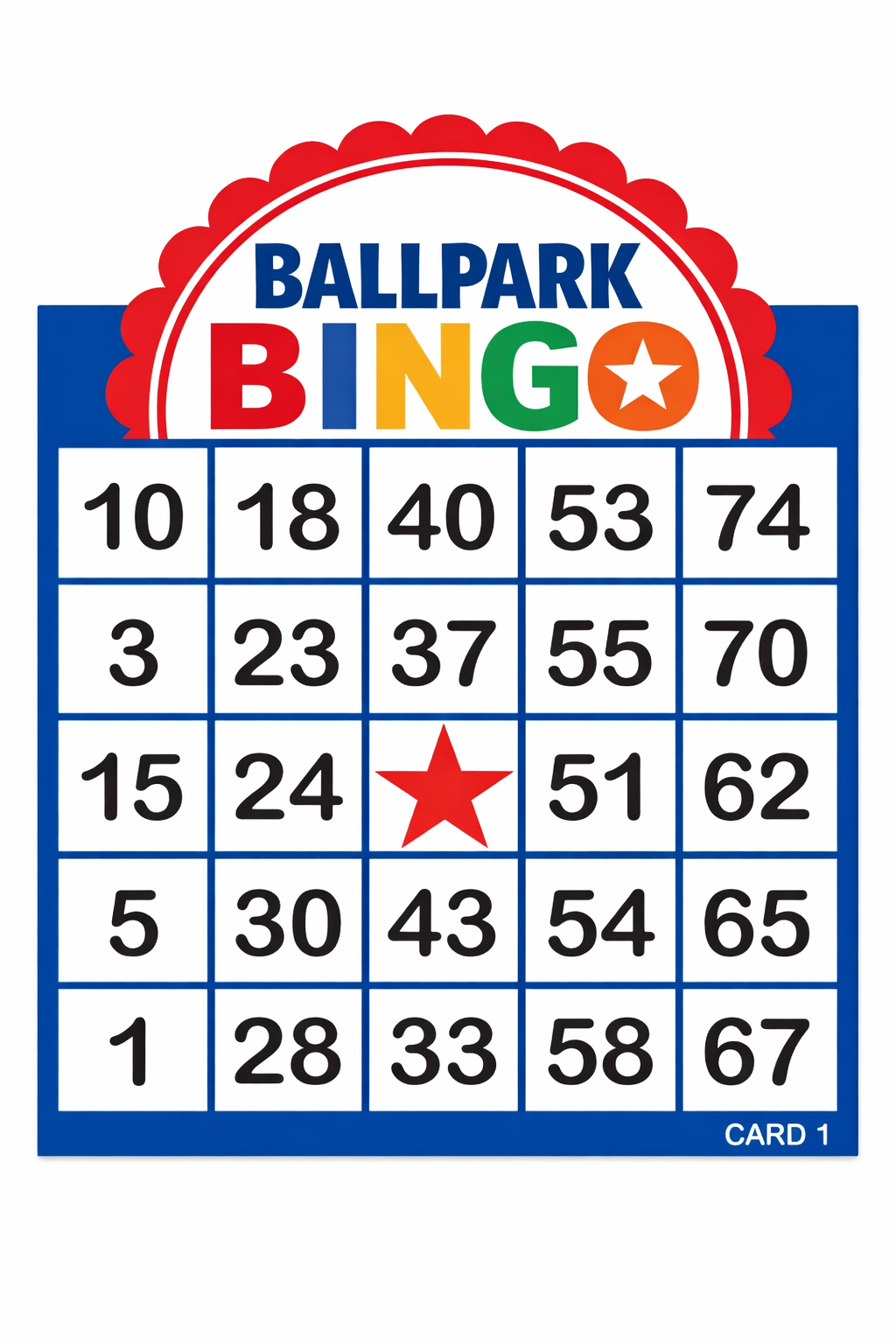 Sample Ballpark Bingo card